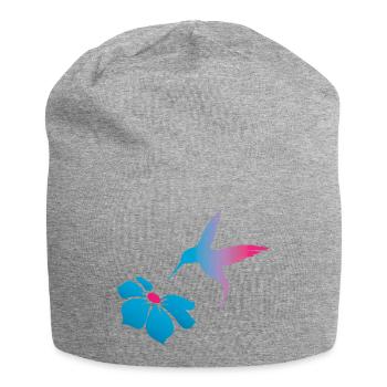 Kolibri und Blüte - Verbindung und Leichtigkeit - Jersey-Beanie - Grau meliert - Vorne
