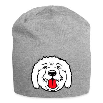 Dear dog sticks out his tongue happily - Jersey Beanie - heather grey - Front