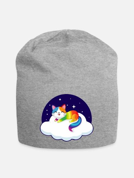 Kunterbunte Katze schwebt auf Wolke (Nacht) - Jersey-Beanie - Grau meliert