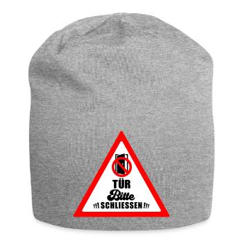 Tür schließen bitte | Farbe änderbar - Jersey-Beanie - Grau meliert - Vorne