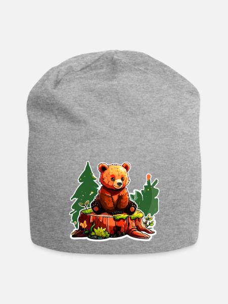 Ein kleiner Bär hockt auf einem Baumstumpf - Jersey-Beanie - Grau meliert