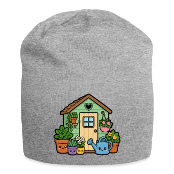 Kleines Gartenhäuschen mit Pflanzen - Jersey-Beanie - Grau meliert - Vorne