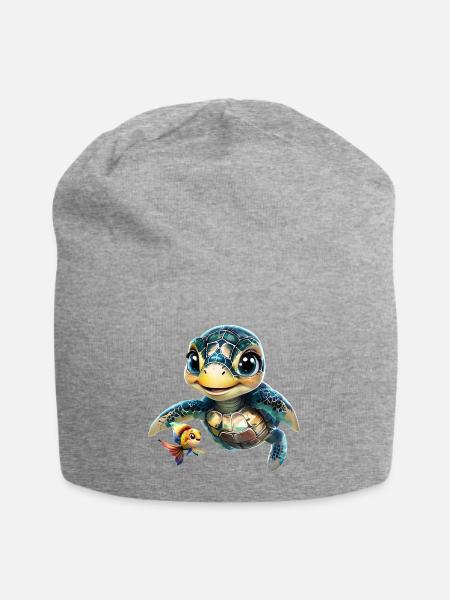 Animierte Meeresschildkröte mit Goldfisch - Jersey-Beanie - Grau meliert