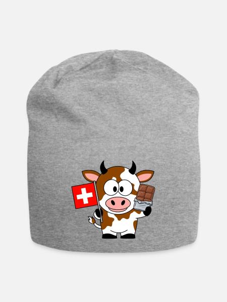Schweizer Kuh mit Flagge und Schokolade - Jersey-Beanie - Grau meliert
