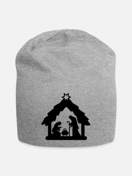 Weihnachtskrippe, Krippenfiguren, heilige Familie - Jersey-Beanie - Grau meliert