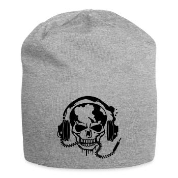 Totenschädel mit Kopfhörer und Kopfhörer Kabel - Jersey-Beanie - Grau meliert - Vorne