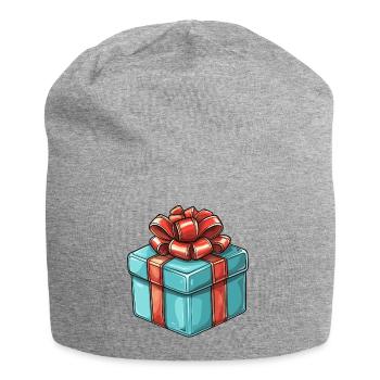 Geschenk in blau mit roter Schleife - Jersey-Beanie - Grau meliert - Vorne