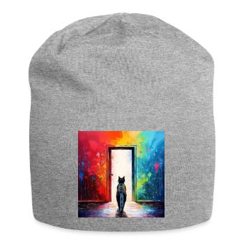 Eine Katze vor einer Tür aus Glas - Jersey-Beanie - Grau meliert - Vorne