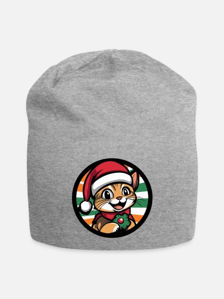 Weihnachtskatze mit Mistelkranz - Jersey-Beanie - Grau meliert