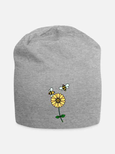 Butterblume mit zwei Bienen - Jersey-Beanie - Grau meliert
