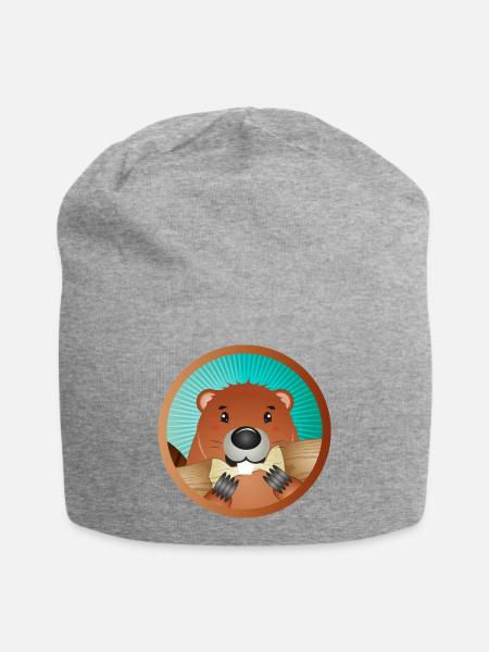 niedliches Nagetier Patch - Biber knabbert am Holz - Jersey-Beanie - Grau meliert