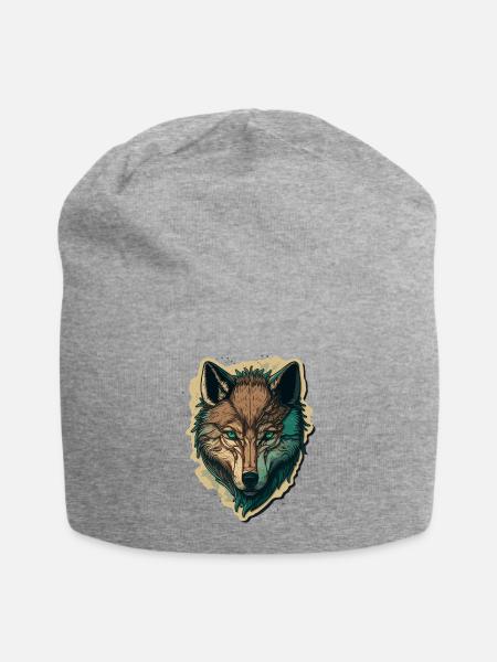 Eine Wolfskopfzeichnung für jeden Tierfreund - Jersey-Beanie - Grau meliert