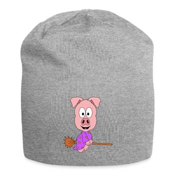 HEXE - SCHWEIN - HEXENBESEN - TIER - KIND - BABY - Jersey-Beanie - Grau meliert - Vorne
