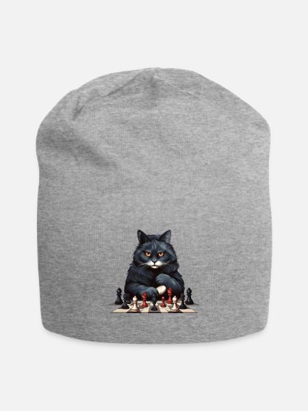 Schachspielende schwarze Katze - Jersey-Beanie - Grau meliert