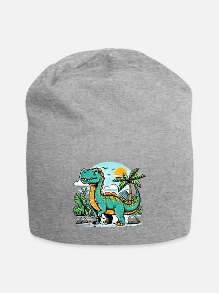 Cartoon Dinosaurier mit Dschungel Sonnenuntergang - Jersey-Beanie - Grau meliert