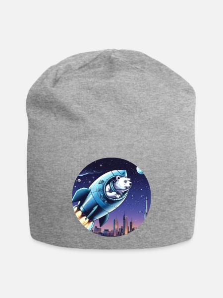 Rakete mit Bär hebt ab ins All vor Nachthimmel - Jersey-Beanie - Grau meliert