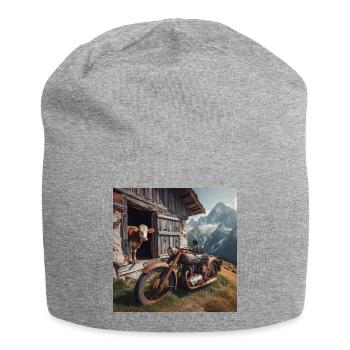 Kuh und Motorrad auf der Alm - Jersey-Beanie - Grau meliert - Vorne
