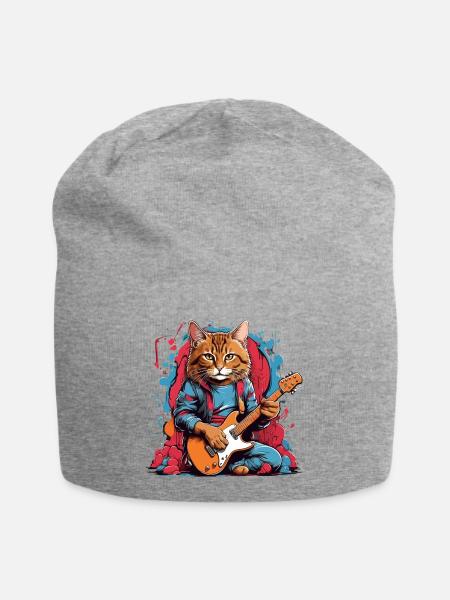 Katze mit Gitarre - Jersey-Beanie - Grau meliert