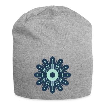 Fleur bleu foncé et vert menthe - Bonnet en jersey - gris chiné - Devant