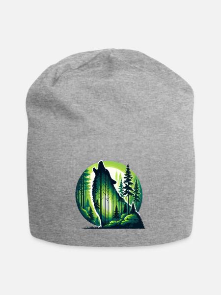 Silhouette heulender Wolf mit grünem Wald - Jersey-Beanie - Grau meliert