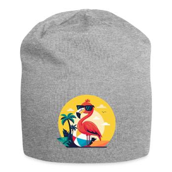 Flamingo, Beachball und Palmen - Jersey-Beanie - Grau meliert - Vorne