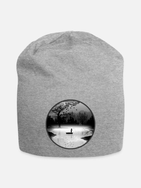 Angler in stiller Naturkulisse – Silhouettenstil - Jersey-Beanie - Grau meliert