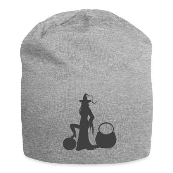 Hexen-Silhouette mit Kristallkugel und Kessel - Jersey-Beanie - Grau meliert - Vorne
