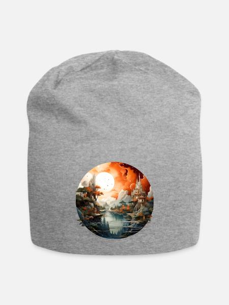 Orangene Mondlandschaft Festungen - Jersey-Beanie - Grau meliert