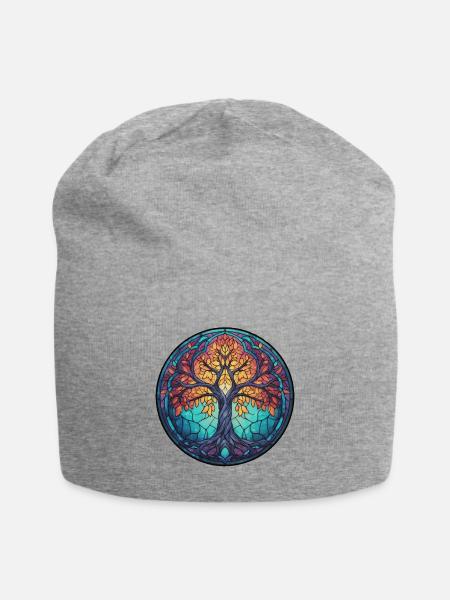 Baum des Lebens, Natur Zeichnung, Heiliger Baum - Jersey-Beanie - Grau meliert