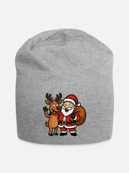 Weihnachtsmann mit fröhlichem Rentier - Jersey-Beanie - Grau meliert