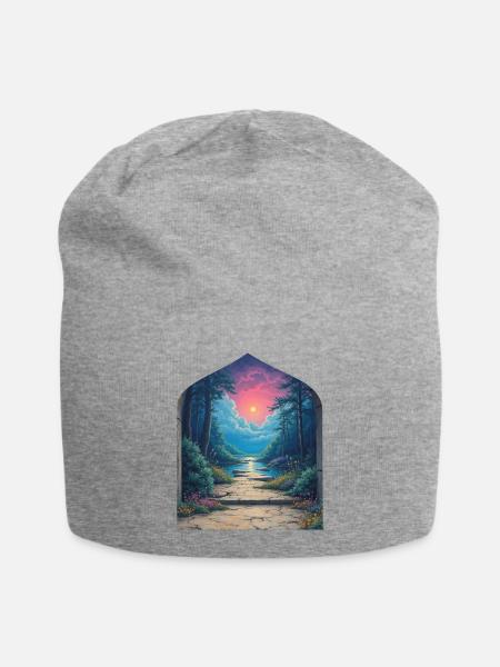 Sonnenuntergangsportal in Waldlandschaft - Jersey-Beanie - Grau meliert