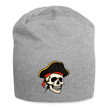 Klassischer Tattoo-Piratenschädel - Jersey-Beanie - Grau meliert - Vorne