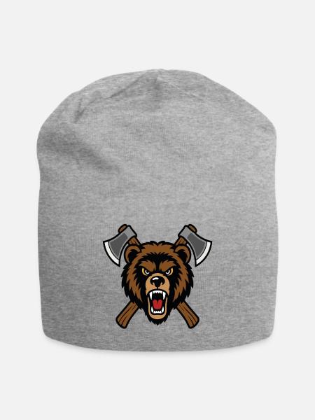 Bärenkopf und gekreuzte Äxte im Tattoo-Stil - Jersey-Beanie - Grau meliert