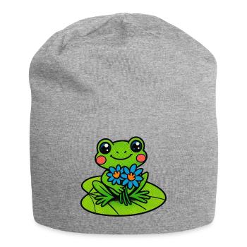 Cheerful frog with bouquet of flowers - Jersey Beanie - heather grey - Front