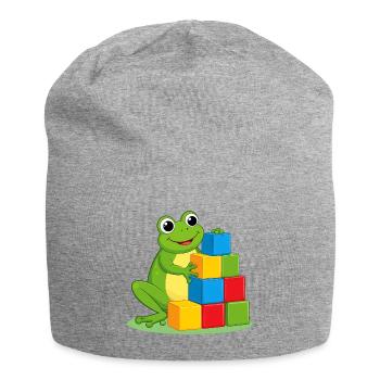 Green cartoon frog playing with colorful building blocks - Jersey Beanie - heather grey - Front