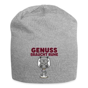 Genuss braucht Ruhe – Comic-Katze im Weinglas - Jersey-Beanie - Grau meliert - Vorne