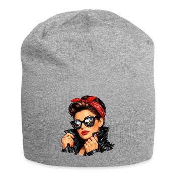 Cool pin-up girl in leather jacket & sunglasses - Jersey Beanie - heather grey - Front