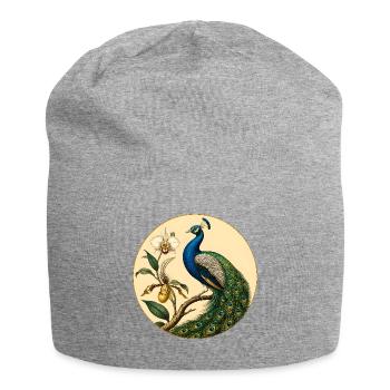 Blauer Pfau auf goldenem Blumenkreis - Jersey-Beanie - Grau meliert - Vorne