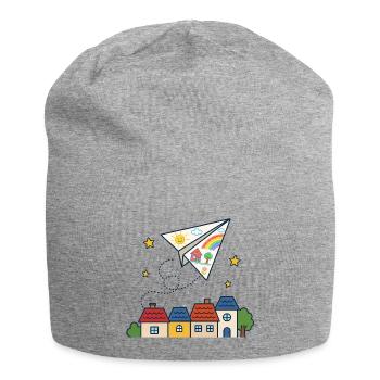 Papierflieger über Dächern – Kindergarten - Jersey-Beanie - Grau meliert - Vorne