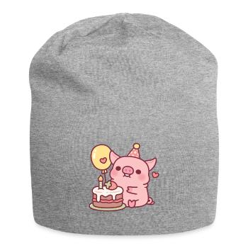 Süßes Schwein mit Geburtstagskuchen und Ballon - Jersey-Beanie - Grau meliert - Vorne