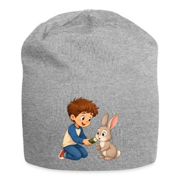 Kaninchen bekommt Gurke vom fröhlichen Jungen - Jersey-Beanie - Grau meliert - Vorne
