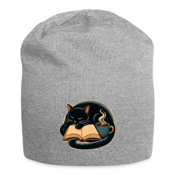 Kuschelkater beim Lesen mit Kaffee - Jersey-Beanie - Grau meliert - Vorne