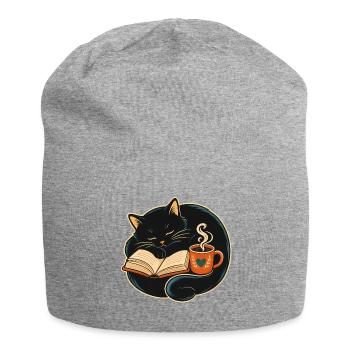 Sleeping cat reading & coffee - Jersey Beanie - heather grey - Front