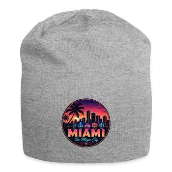 Miami Magic City Retro Sunset Palm Badge - Jersey Beanie - heather grey - Front