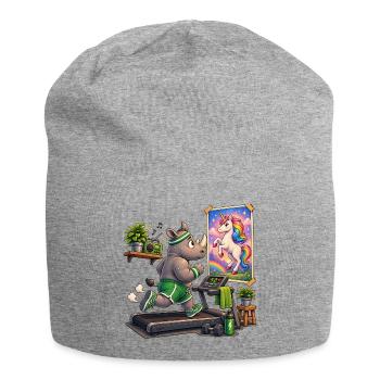 Rhino on treadmill in front of unicorn picture - Jersey Beanie - heather grey - Front