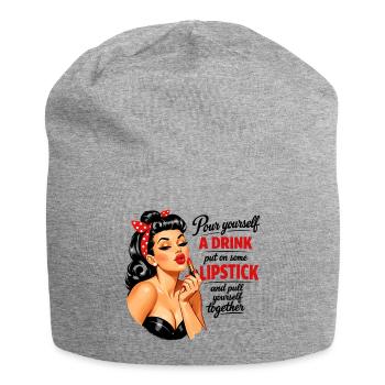 Pin-Up Girl mit Kussmund & Lippenstift Spruch - Jersey-Beanie - Grau meliert - Vorne
