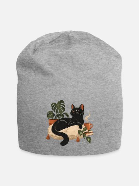 Schwarze Katze auf Kuschelkissen - Jersey-Beanie - Grau meliert