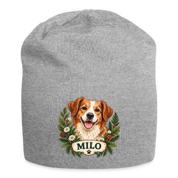 Hund Milo mit Blumenkranz - Jersey-Beanie - Grau meliert - Vorne