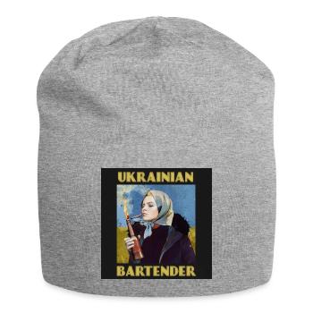 Porträt eines ukrainischen Barkeepers mit Molotowcocktail - Jersey-Beanie - Grau meliert - Vorne
