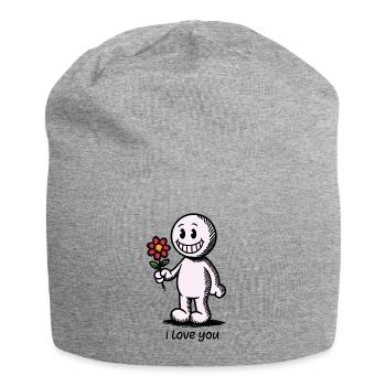 Bonhomme allumette avec fleur JE T’AIME - Bonnet en jersey - gris chiné - Devant
